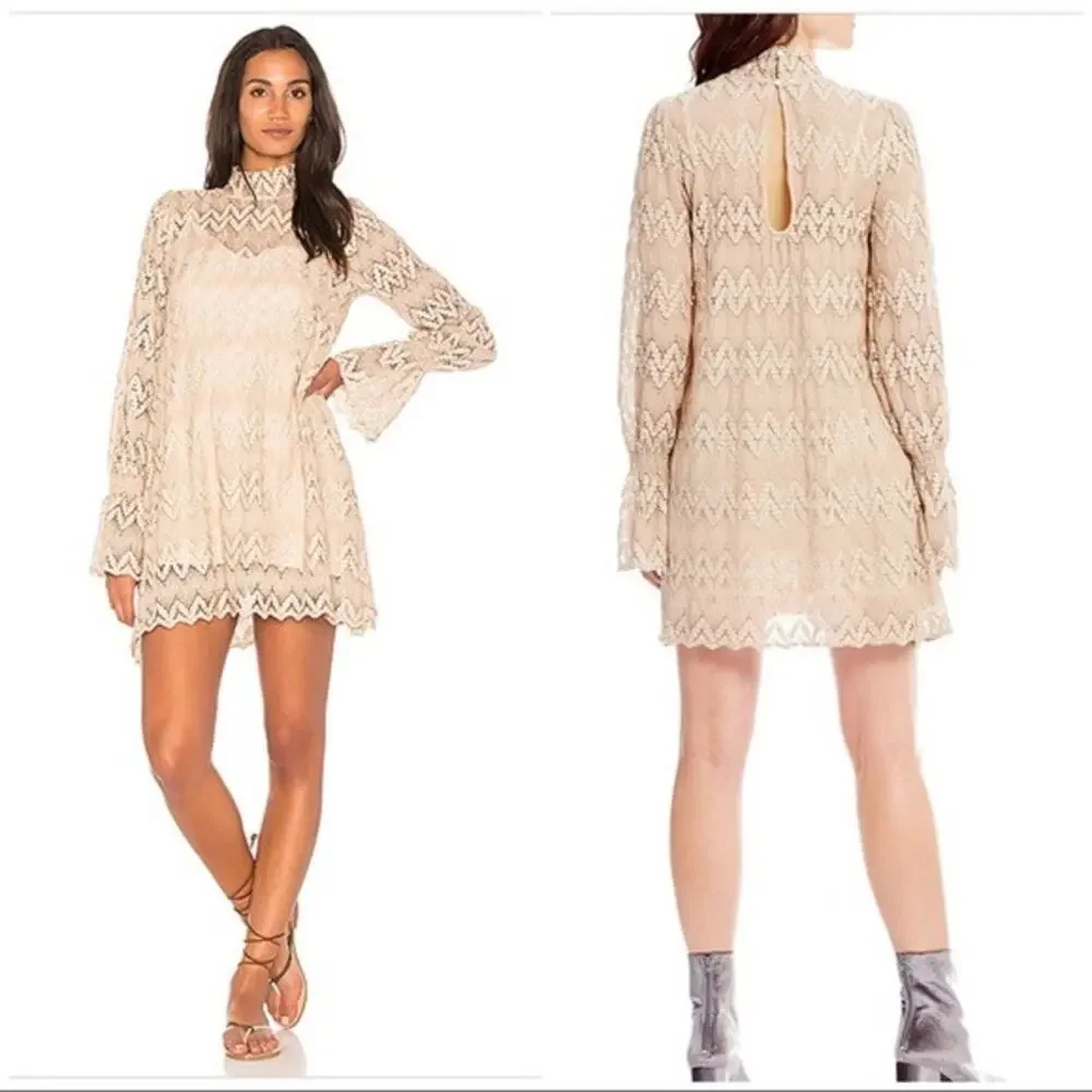 Free People Simone Lace Dress Long Sleeve Mini Sheer Bell Sleeve Beige Crochet M